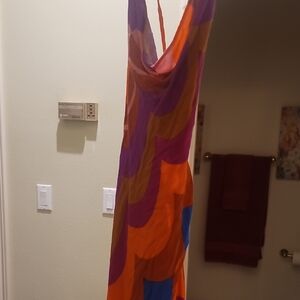 Olivaceous Orange Blue Navy Geometric Print Tie Bust Maxi Dress Size Small